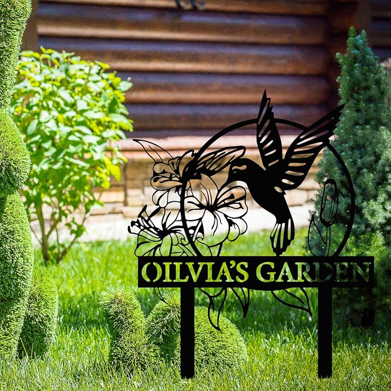 Custom Hummingbird Metal Garden Sign with Stakes, Bird Garden Decorations, Flower Design Personalized Garden Sign, Custom Garden Name Sign, Yard Decor, Home Gift-Ruum Studio Home