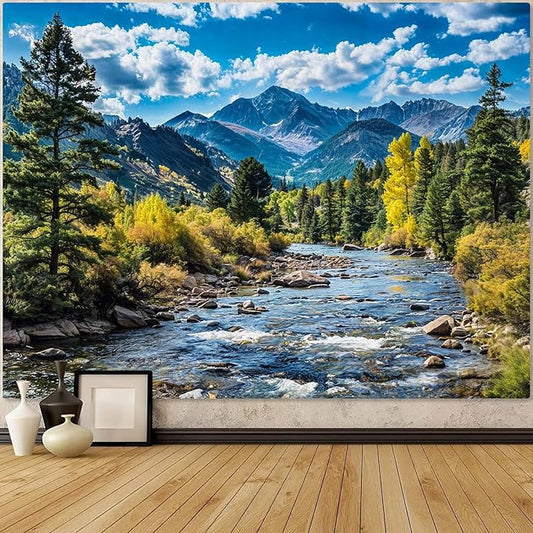 AMM Nature Forest Mountain Tapestry Green Pine Tree Tapestry for Bedroom Aesthetic White Clouds Flowing River Landscape Classroom Tapestries Wall Hanging for Living Room Dorm Office-Ruum Studio Home