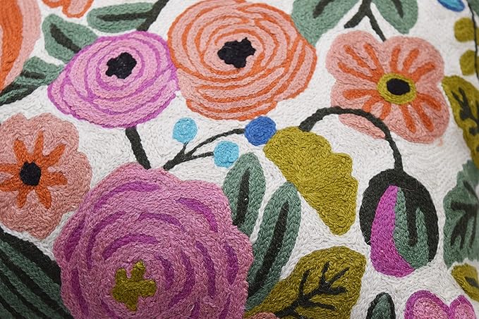 Roses Floral Pillow Cover Flower Farmhouse Chair Cushion Suzani Flowers Pillowcase Boho Florals Accent Throw Pillowsham Wool Hand Embroidered Size 18x18-Ruum Studio Home