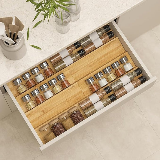 AMBIRD Bamboo Spice Drawer Organizer with Non-slip Mat,4 Tier - 2 Set Jar Spice Rack Tray From 9.5''to 19'', Seasoning Organizer for Kitchen,Cabinet,Drawers,Countertop-Ruum Studio Home