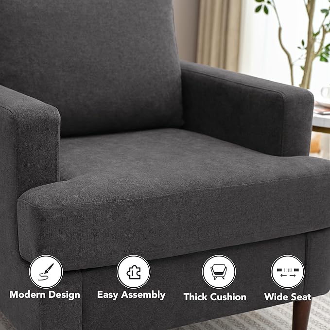 Mid-Century Accent Chair,Modern Linen Fabric Armchair for Living Room,Comfy Upholstered Reading Accent Chairs for Bedroom,Single Sofa Chair with Wood Legs (Dark Grey, 1 Pack)-Ruum Studio Home