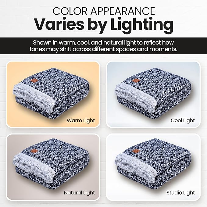 Gold Case Throw Blanket for Bed – 100% Recycled Turkish Cotton Bed Blanket – Decorative Throw Cotton Blankets for Living Room & Bedroom – Retro Navy Blue Woven Queen Blankets – 90x90-Ruum Studio Home