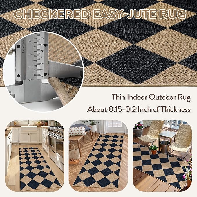 Lahome Checkered Easy Jute Runner, 2x6 Kitchen Runner Rug Non Slip Washable Outdoor Rug for Entryway Indoor, Checkerboard Black Indoor Outdoor Carpet for Hallway 6ft Entry Front Door-Ruum Studio Home