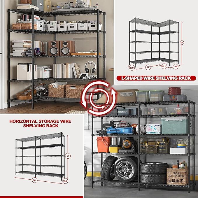 REIBII 5 Tier Wire Shelving Storage Shelves Loads 1430LBS, 58" W Metal Shelving Unit for Storage Adjustable Heavy Duty Garage Shelving Pantry Shelves Kitchen Shelving, Black, 2 Pack-Ruum Studio Home