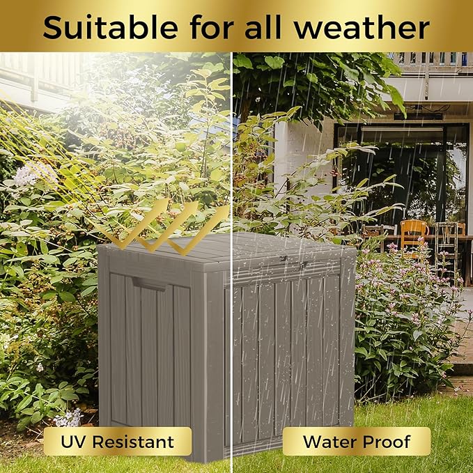35 Gallon Lockable Resin Deck Box, Waterproof & UV-Resistant Outdoor Storage Box for Outdoor Cushion Storage, Garden Tools & Pool Accessories Storage, Gray-Ruum Studio Home