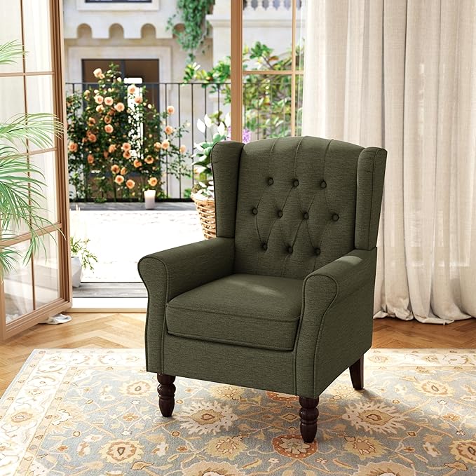 Accent Chair, Upholstered Armchair with Button Tufted High Back & Solid Wood Legs, Comfy Wingback Reading Single Sofa Chair for Small Spaces, Living Room, Bedroom (Green, Set of 2)-Ruum Studio Home