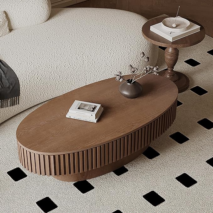 47.2''Oval Coffee Table with Storage, Mid Century Modern Fluted Drum Center Tables with Lid, Solid Wood Side Pedestal Coffee Table Tea Table for Living Room, Bedroom, Apartment-Walnut-Ruum Studio Home