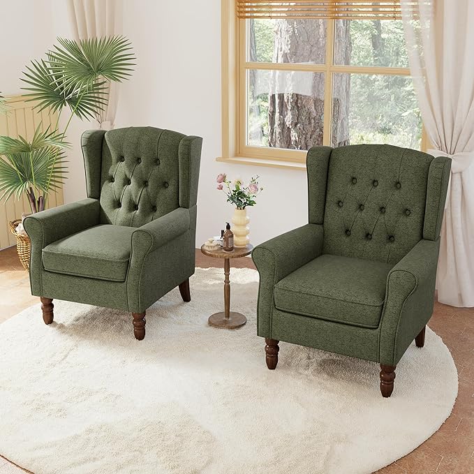Lumibee High Back Accent Chair Set of 2,Upholstered Wingback Armchair with Solid Wood Legs for Small Spaces,Comfy Single Sofa Chair for Living Room,Bedroom,Office-Green-Ruum Studio Home