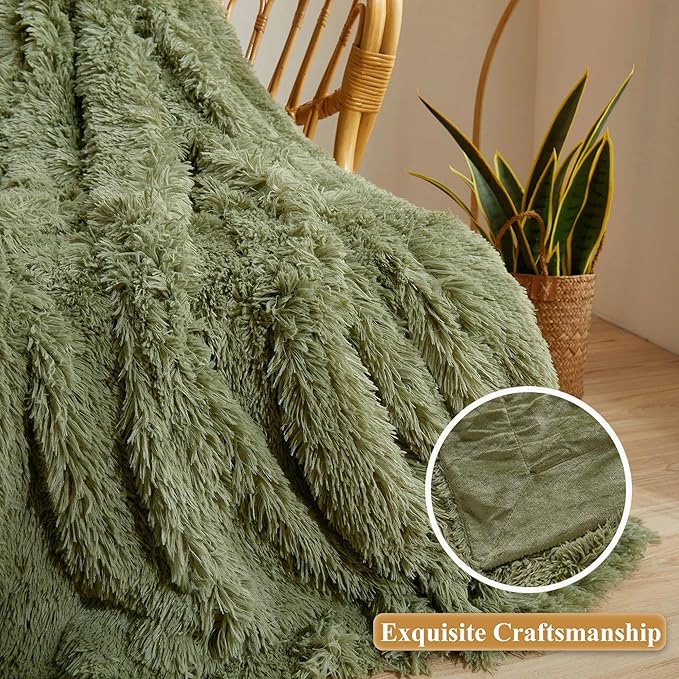 XeGe Luxury Faux Fur Blanket, Sage Green Soft Big Fluffy Throw, Shaggy Plush Decorative Couch Throw, Cute Furry Fuzzy Blanket for Bed Bedroom Living Room Sage Green, 60x90-Ruum Studio Home