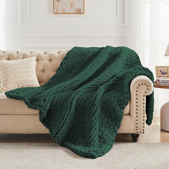 Carriediosa Chunky Knit Throw Blanket 50" X 60", 100% Hand Made Large Chenille Loop Yarn Soft Fluffy Throws for Couch Sofa Bed, Big Crochet Cozy Heavy Thick Cable Woven Blankets, Dark Green-Ruum Studio Home