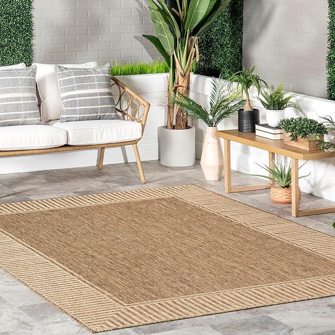 nuLOOM 5' x 8' Outdoor Area Rug, Casual Design With Striped Border, Stain Resistant, Highly Durable, For Patio, Balcony, Bedroom, Living Room, Dining Room, Bathroom, Light Brown-Ruum Studio Home