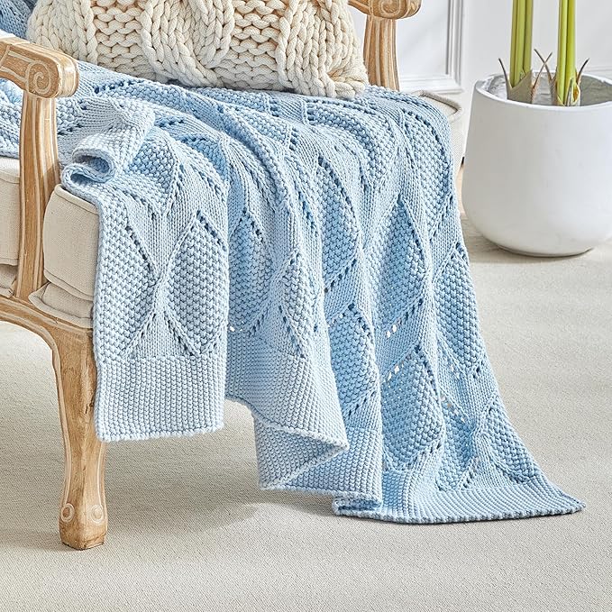 Longhui bedding Chunky Cotton Knit Throw Blanket for Couch, Sofa, Bed, or Chair, Decorative Breathable Fall Cable Knit Blanket 51 x 63 Inches, Light Blue-Ruum Studio Home