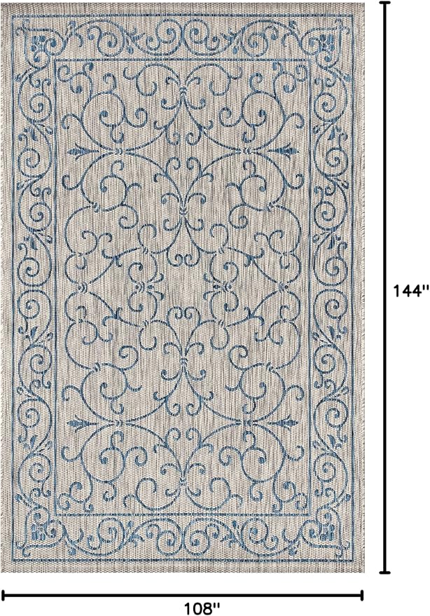 JONATHAN Y Vintage Filigree Indoor Outdoor Area Rug 9X12 Gray/Navy, Charleston Textured Weave for Backyard, Patio, Porch, Easy-Cleaning, High Traffic, Pet-Friendly, Non-Shedding (SMB106C-9)-Ruum Studio Home