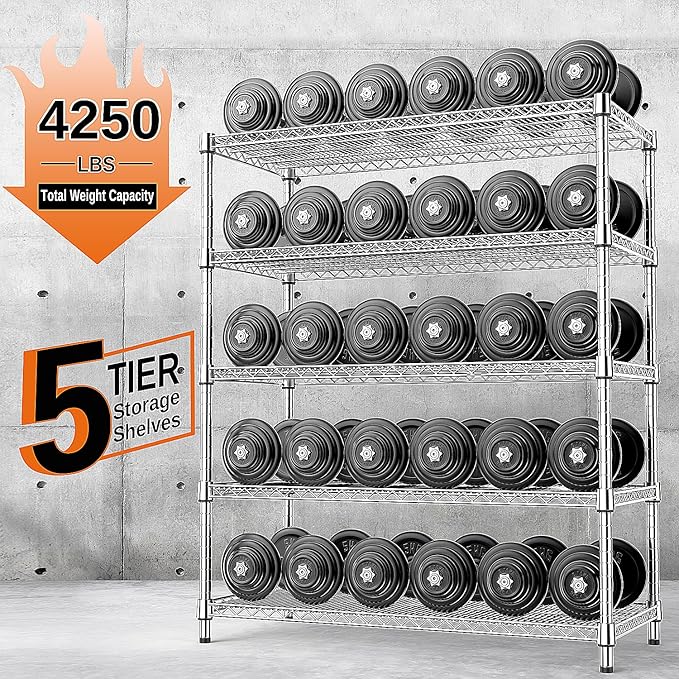 IZEUK 4250 LBS Garage Shelving Wide Storage Shelves 5 Tier Metal Shelves Heavy Duty Adjustable Utility Shelf Rack Chrome 17.7" D x 59.1" W x 70.4" H-Ruum Studio Home