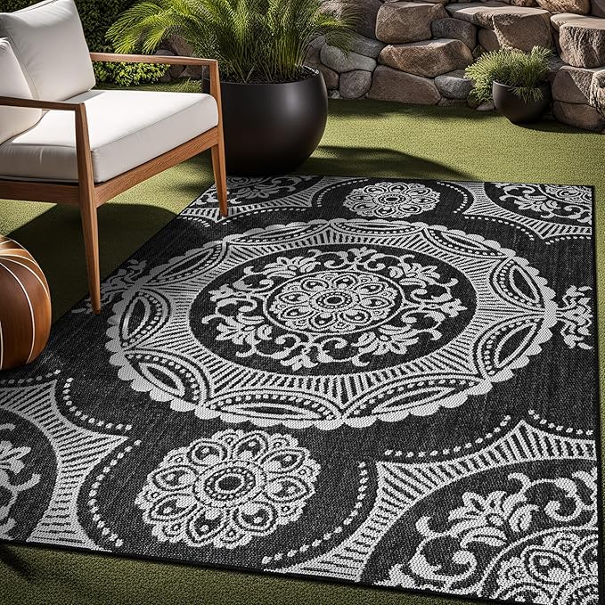 Medallion Outdoor Rug 10x14 Washable Outside Carpet for Indoor Patio Porch Waterproof Easy Cleaning Non Shedding Area Rugs Black 10 x 14-Ruum Studio Home