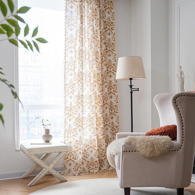 Sutuo Home Boho Curtains for Bedroom Living Room 96 Inches Length Long, Printing Moroccan Cotton Linen Rod Pocket Vibe Farmhouse Bohemian Tassels Window Treatment, 1 Panel 59" W x 96" L, Brown Damask-Ruum Studio Home