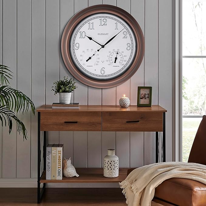 CLXEAST 18 Inch Illuminated Outdoor Indoor Atomic Analog Wall Clock with Temperature & Humidity, Lighted Outdoor Clocks for Patio Large Waterproof with Thermometer,Bronze Finish,House Warming Gifts-Ruum Studio Home