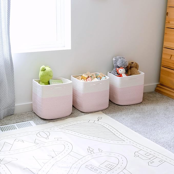 NaturalCozy 13 Inch Cube Storage Bins Cotton Rope Woven Baskets for Organizing 3-Pack | 13 x 13 Storage Cubes | Fabric Square Storage Baskets for Shelves Organizer, Kids Toy Bins, Closet Baby Nursery-Ruum Studio Home