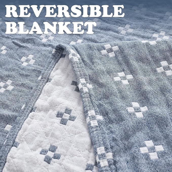jinchan Boho 100% Cotton Blanket Muslin Lightweight Twin Size Quilted Throw Blanket for Couch Soft Cozy All Season Blanket 3-Layer Floral Throw Cotton Blanket for Bedroom Decor Blue 60x80 Inches-Ruum Studio Home