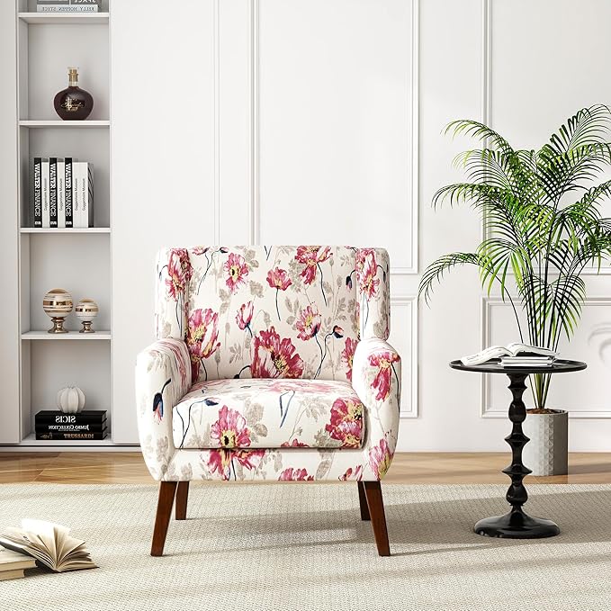 UIXE Floral Accent Chair, Modern Upholstered Armchair in Fabric for Living Room, Comfy Club Arm Chairs Single Sofa Button Tufted Bedroom Reading Seat - Pattern White, Set of 2-Ruum Studio Home