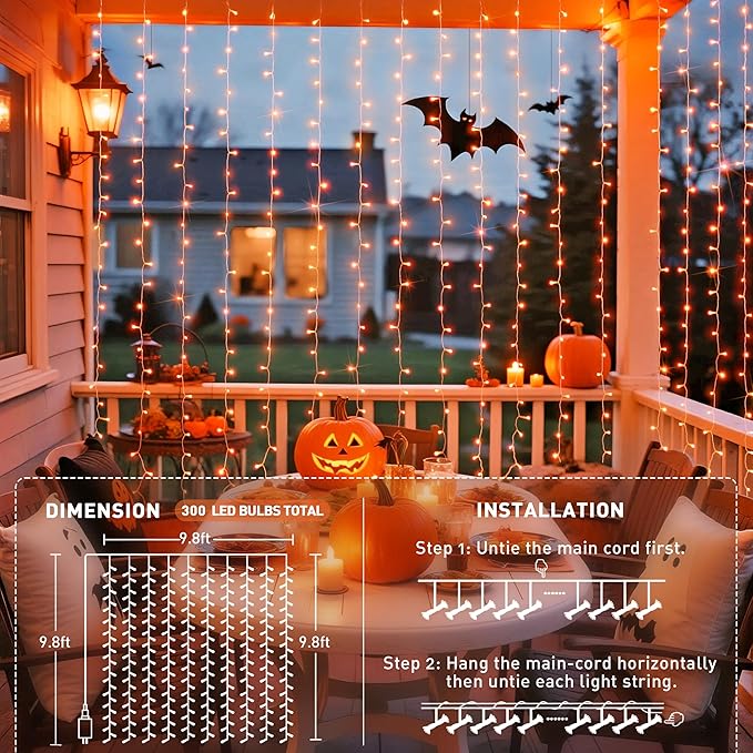 JMEXSUSS 300LED Orange Halloween Lights with Remote, 9.8x9.8ft Halloween Curtain Light, 8 Modes Orange Hanging String Lights Plug in for Fall Bedroom Thanksgiving Window Party Indoor Outdoor Decor-Ruum Studio Home