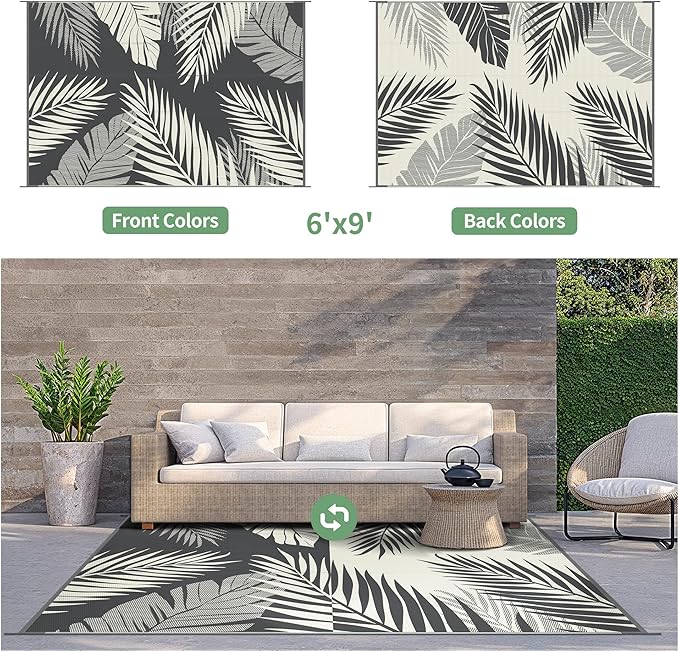 GENIMO Outdoor Rug 6' x 9' Waterproof for Patios Clearance, Reversible Plastic Straw Camping Carpet, Large Area Rugs Mats for RV, Picnic, Backyard, Deck, Balcony, Porch, Beach, Yellow&Grey-Ruum Studio Home