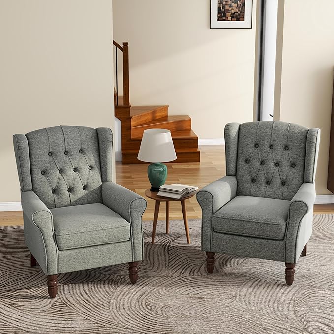 UIXE High Back Accent Chairs Set of 2, Upholstered Armchair in Fabric, Retro Wingback Arm Chair for Living Room, Comfy Single Sofa Bedroom Reading Seat with Solid Wood Legs - Dark Gray-Ruum Studio Home