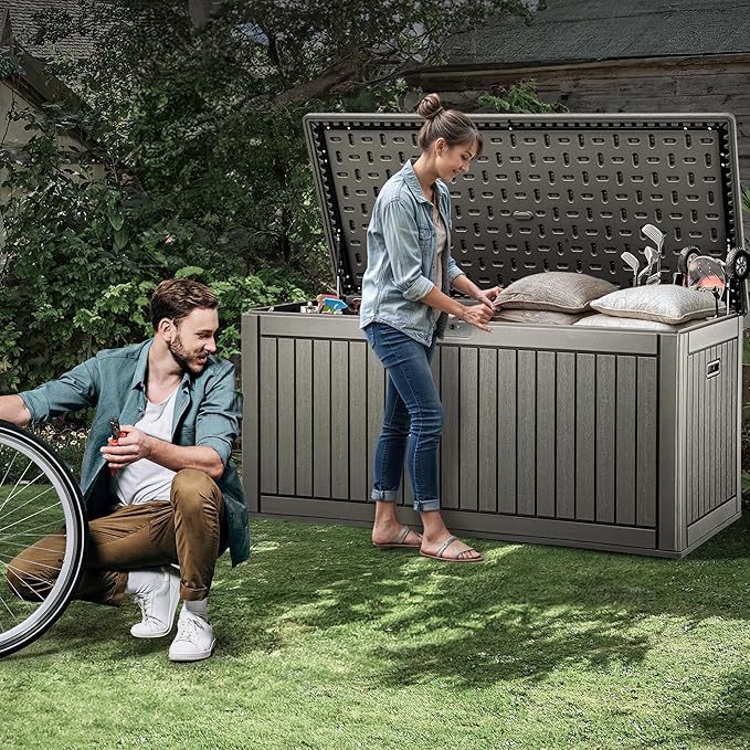 YITAHOME 260 Gallon Extra Large Deck Box, Double-Wall Resin Outdoor Storage Box with Flexible Divider for Patio Cushions Garden Tools, 1000lbs Load Capacity, Lockable & Waterproof (Light Brown)-Ruum Studio Home
