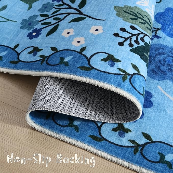 Door Mat Indoor Entrance 2x3 Rug Machine Washable Boho Floral Small Area Rug Non-Slip Low Pile Throw Rugs for Entryway, Kitchen, Front Door Indoor Entrance, Entry, Kids Room (Blue)-Ruum Studio Home
