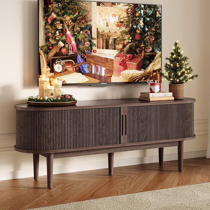 LINSY HOME TV Stand for 65" TV, Mid-Century Modern 58" Entertainment Center with Sliding Tambour Door and Storage Cabinet, Cruved TV Media Console Table for Living Room, Bedroom, Walnut-Ruum Studio Home