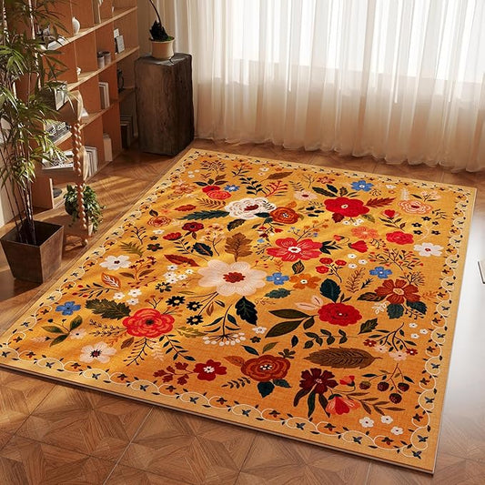 Area Rug 4x6 Rug Washable Boho Rugs Non Slip Low Pile Floral Small Carpet for Bedroom, Bedside, Kids Room, Office, Dining Room(Yellow)-Ruum Studio Home