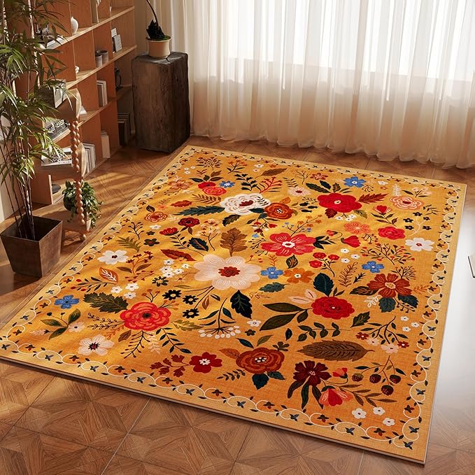 Bedroom Rug 3x5 Rug Washable Area Rug Non Slip Low Pile Boho Floral Small Carpet for Bedroom, Bedside, Kitchen, Entryway, Kids Room, Office, College Dorm Essentials for Girls(Yellow)-Ruum Studio Home