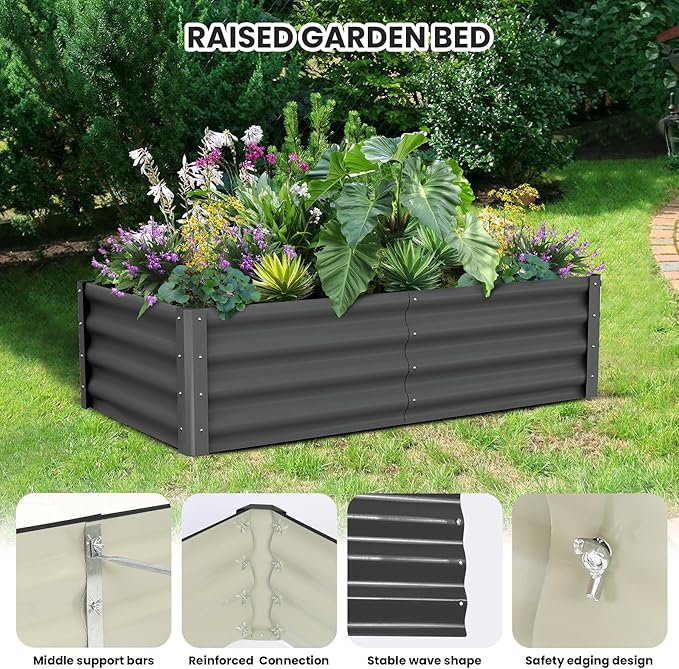 Large Outdoor Planter Boxes Kit Set of 2,6x3x1ft Galvanized Raised Bed Planter with Open-Ended Base Design, Elevated for Outdoor Plants, Durable Raised Bed for Gardening,Green-Ruum Studio Home