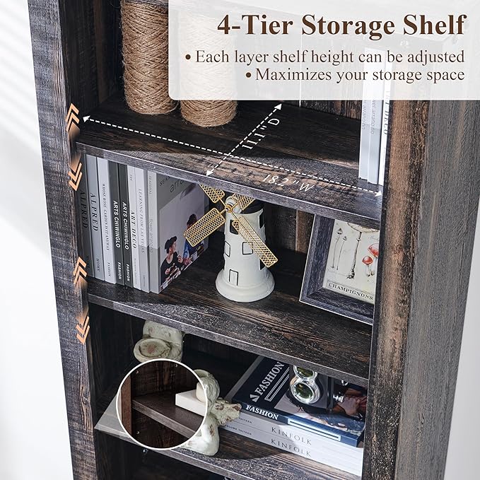 RedLemon Bookshelf with Storage Cabinet, 72" Tall Farmhouse Bookcase with Adjustable Shelves and Barn Door, 4 Tier Office Wood Bookshelf with Drawer for Office Library Living Room (Dark Rustic Oak)-Ruum Studio Home