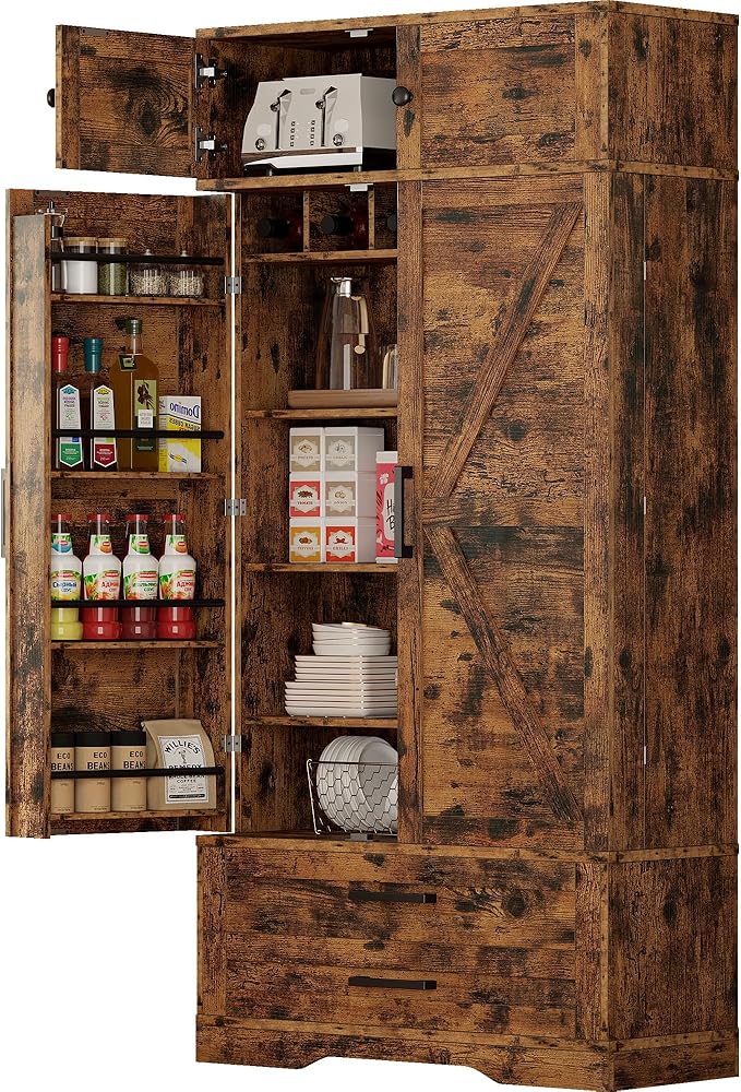 IRONCK Kitchen Pantry 72" Height, with 8 Hanging Shelves, 2 Drawers and Open Storage Cabinet, Freestanding Cupboard for Dining Room Living Room,Vintage Brown-Ruum Studio Home