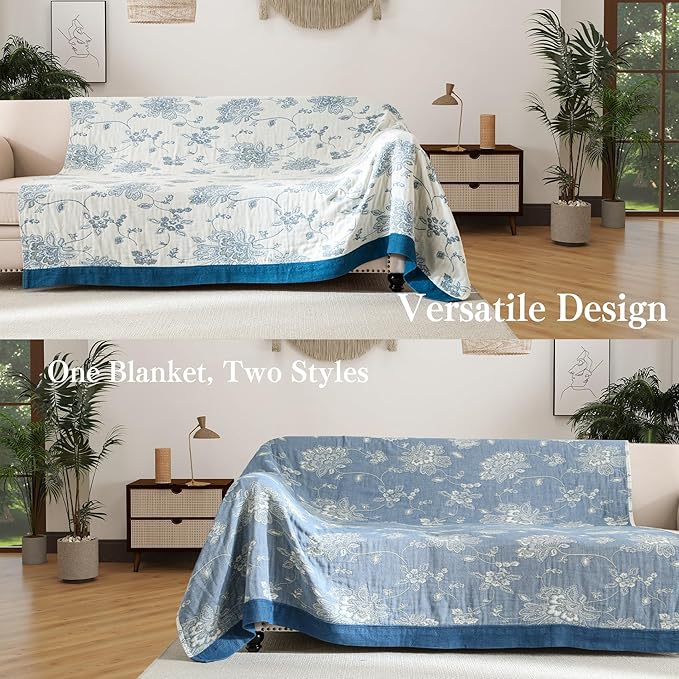 Boho Throw Blanket Twin Size, Soft Cozy Cotton Muslin Quilt Blanket for Bed Decor, Floral Patterned Couch Sofa Chair Cover, Vintage Farmhouse Cottage Tapestry Woven Blanket, Blue and White-Ruum Studio Home