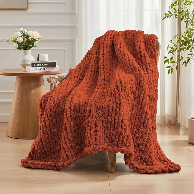 Carriediosa Chunky Knit Throw Blanket 50" X 60", 100% Hand Made Large Chenille Loop Yarn Soft Fluffy Throws for Couch Sofa Bed, Big Crochet Cozy Heavy Thick Cable Woven Blankets, Rust-Ruum Studio Home