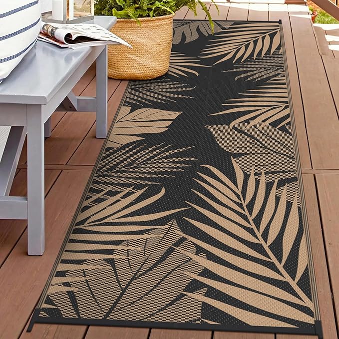 GENIMO Outdoor Rug 2.5' x 8' Waterproof for Patios Clearance, Reversible Outdoor Plastic Straw Camping Rug Carpet, Large Area Rugs Mats for RV, Camper, Deck, Balcony, Porch, Beach, Picnic, Black&Brown-Ruum Studio Home