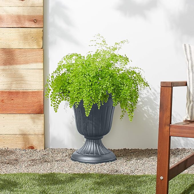 PL00GY Classic Traditional Plastic Urn Planter Indoor/Outdoor, 16" x 18", Gray-Ruum Studio Home