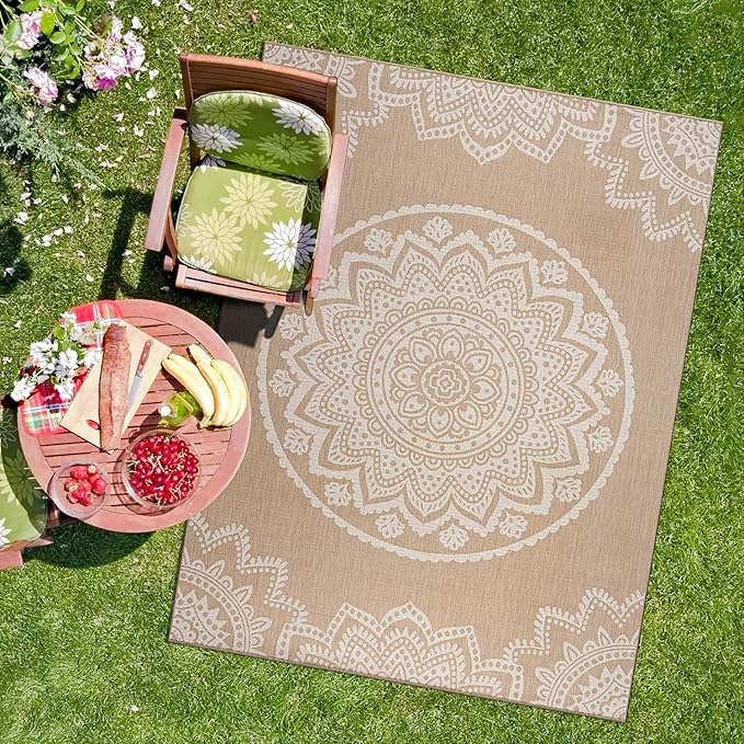 CAMILSON Outdoor Rug 9x12 Modern Area Rugs for Large Indoor and Outdoor Patios and Porches - Waterproof Washable Non-Shedding Easy-to-Clean Outside Carpet (9 x 12, Medallion - Beige/White)-Ruum Studio Home