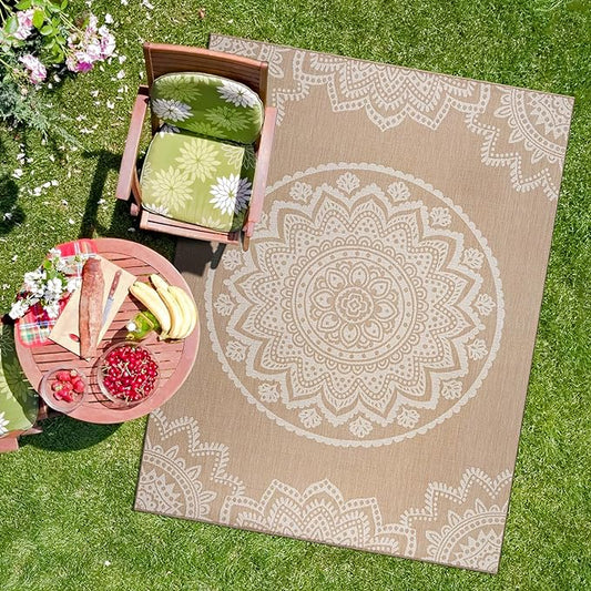 CAMILSON Outdoor Rug 8x10 Modern Area Rugs for Indoor and Outdoor Patios and Porches - Waterproof, Washable, Non-Shedding, Easy-to-Clean Outside Carpet (8 x 10, Medallion - Beige/White)-Ruum Studio Home