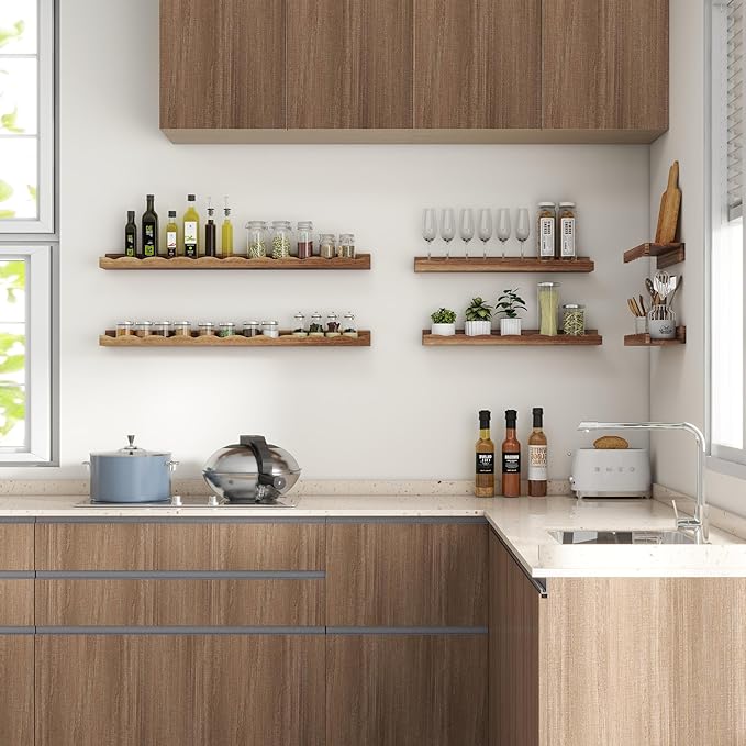 Fun Memories Picture Ledge Shelf for Wall, 48 inch Pine Wood Nursery Book Shelves Set of 2- Wall Book Shelves for Kids Room, Home Decor - Kitchen Spice-Carbonized-Ruum Studio Home