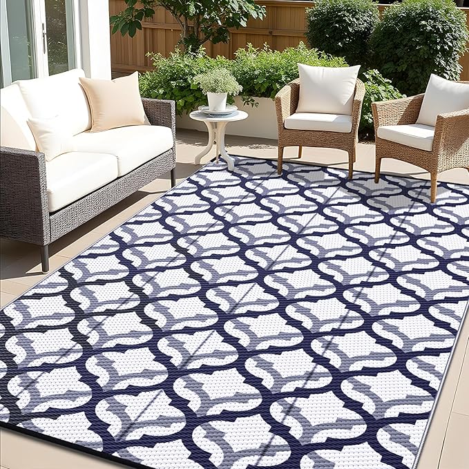 OLANLY Reversible Outdoor Rug 9x12 ft Clearance, Waterproof Outdoor Plastic Straw Rug with Interlacing Pattern, RV Mat for Patio, Camping, Balcony, Deck, Backyard, Navy & White-Ruum Studio Home