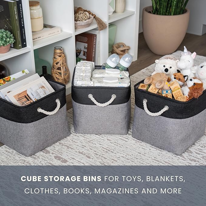OrganiHaus 11x11 Cube Storage Bins 4 Pack, Foldable Cube Storage Organizer w/ Rope Handles, Collapsible Fabric Bins for Toys, Clothes & Closet Organization, Fabric Square Baskets - Gray/Black-Ruum Studio Home