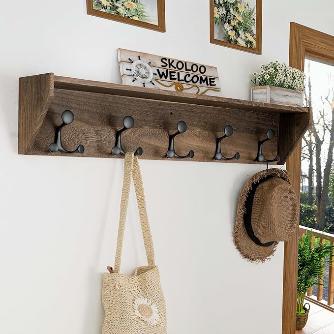 SKOLOO Wall Shelf with Hooks, 35-Inch Weathered Brown Coat Rack Wall Mount with Shelf Organizer - Lightweight & Sturdy, 5 Tri Hooks - Perfect for Entryway, Hallway, Living Room, Bedroom, Mudroom-Ruum Studio Home