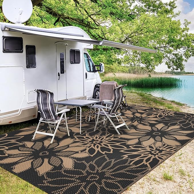 GENIMO Outdoor Rug Waterproof for Patio Decor, 9' x 12' Reversible Plastic Straw Floral Camping Carpet, Large Area Rugs Mats for RV, Camper, Deck, Balcony, Porch, Beach, Picnic, Black & Brown-Ruum Studio Home