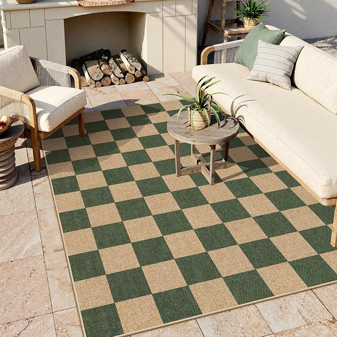 Lahome Checkered Easy Jute Dining Room Rug, 5x7 Indoor Outdoor Rugs for Patio Living Room, Neutral Checkerboard Non Slip Low Pile Green Carpet for Bedroom Office Backyard-Ruum Studio Home