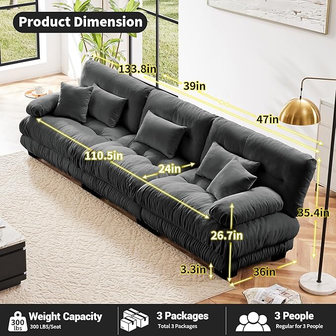 Modular Sectional Sofa Cloud Couch 3-Seater Deep Seat Sofa Couch, Oversized Couch Bed Sectional Couch with Round Bolster Armrests 5 Pillows, Modern Sofa Chair Comfy Couch(Gray)-Ruum Studio Home