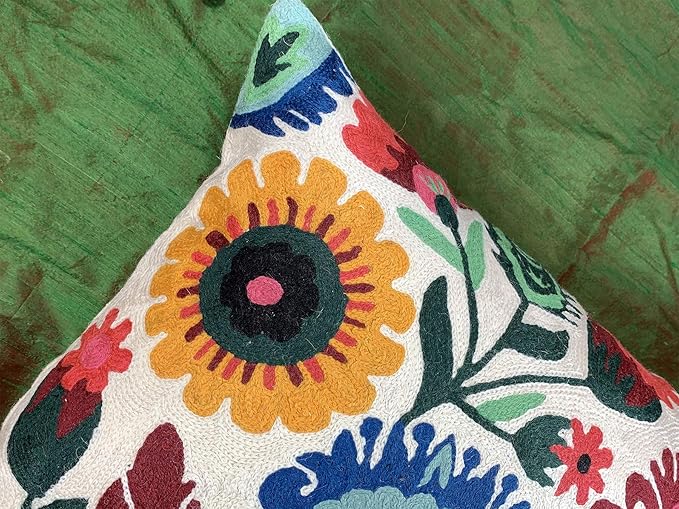 Lumbar Cream Floral Pillow Cover Polish Flower Accent Chair Pillowcase Couch Modern Farmhouse Couch Cushion Hand Embroidered Wool Size 14x20 Inch-Ruum Studio Home