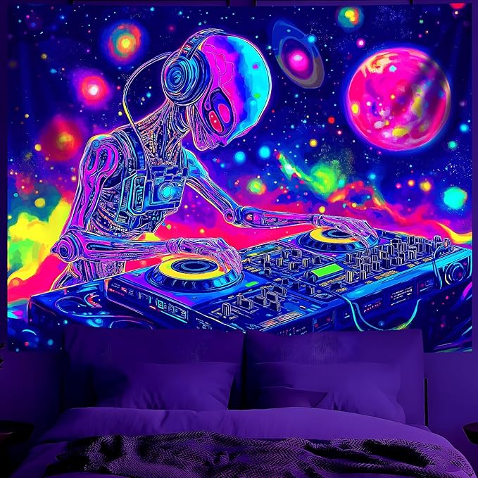 BVBOX Blacklight Space Alien Tapestry 79"x59", UV Reactive Glow in Dark DJ Alien Universe Galaxy Planet Music Tapestries, Black Light Neon Upright Poster Wall Hanging Backdrop Decor for Bedroom Living Room-Ruum Studio Home